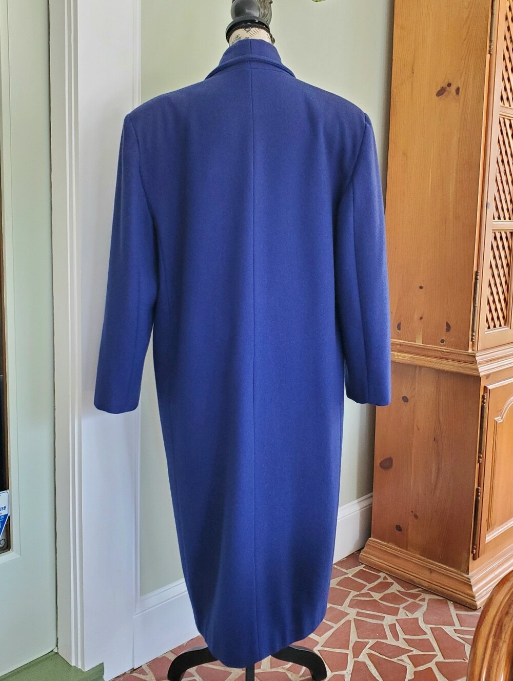 Vintage 80s Colbalt Blue 100% Wool Long Coat, Full Length Overcoat Made In USA - Picture 5 of 15